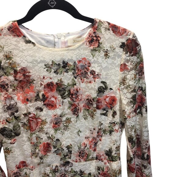 Kimilily Dress Womens Medium White Floral Lace Overlay Long Sleeve Ruffle Hem - Picture 12 of 16